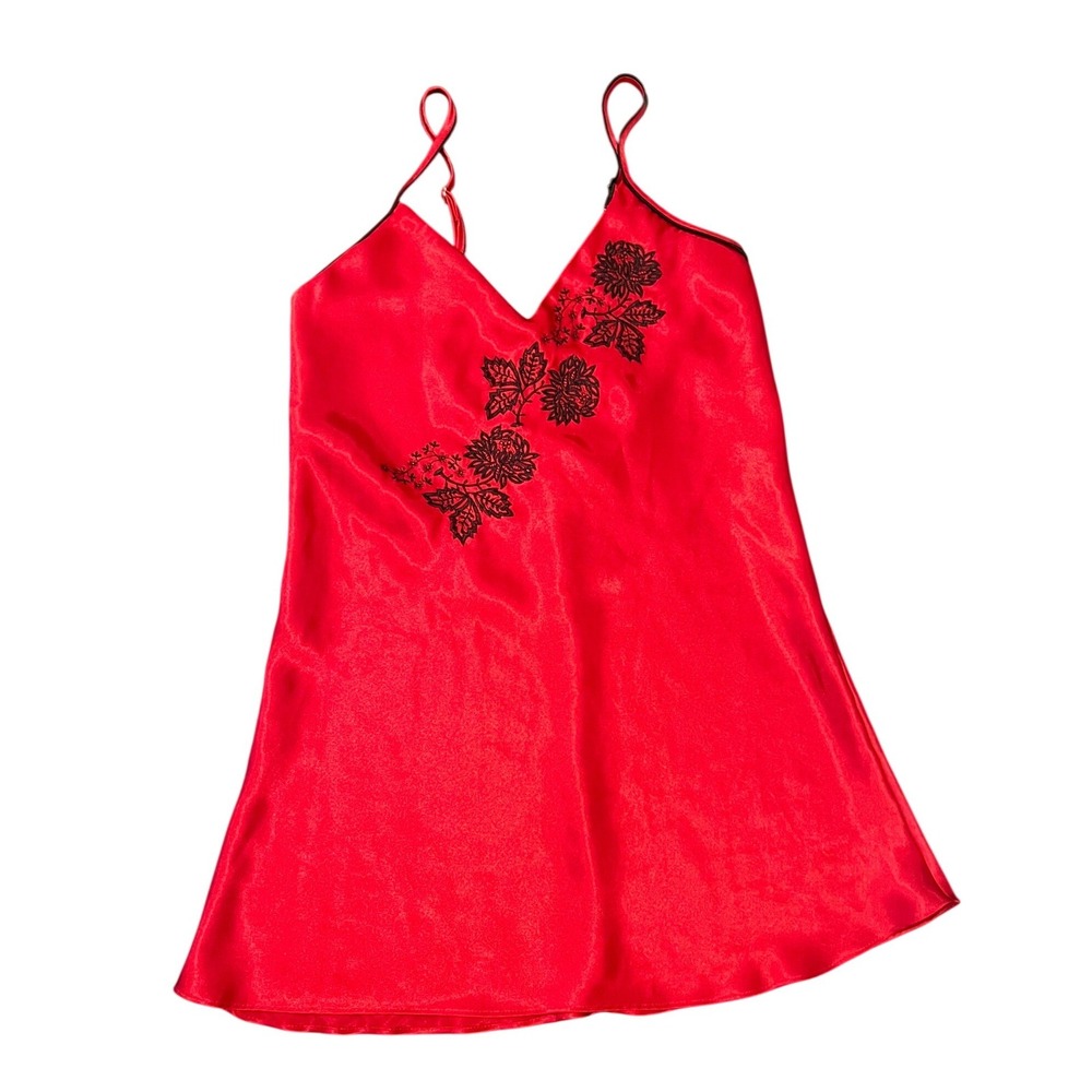 Satin Nightgown Women Small Red Floral Embroidered Slip 1624